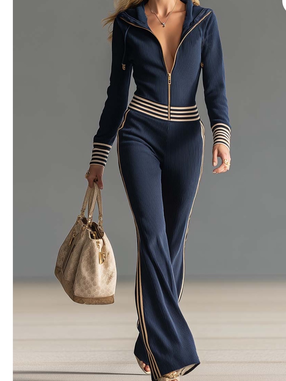 OYROSY NAVY BLUE RETRO HOODED ZIPPER V-NECK JUMPSUIT WOMENS MEDIUM NWT